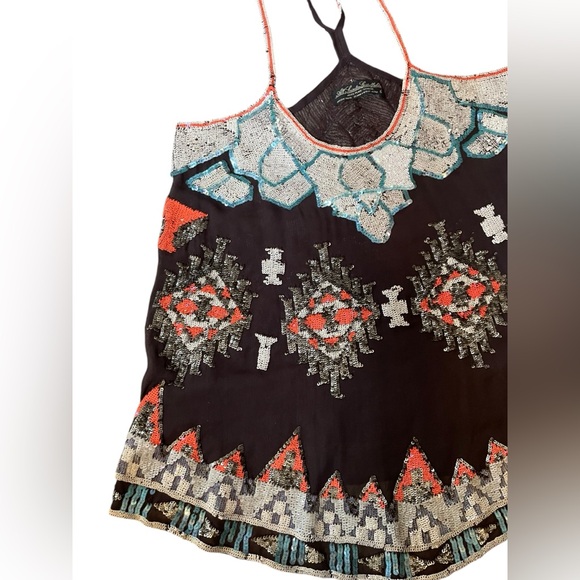 All Saints Spitalfields Luxe Sheer Silk Sequin Native American Southwestern Top - Picture 2 of 8